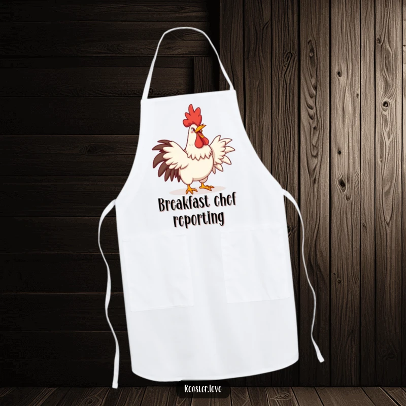 Funny apron featuring a rooster crowing with an exaggerated comedic grin and stretched wings, ideal for kitchen use.