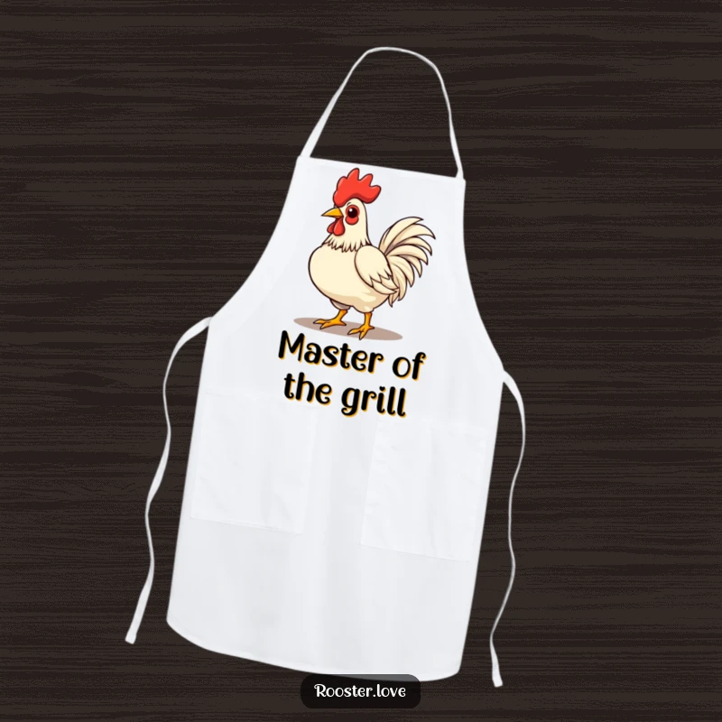 Funny rooster character strutting with chest puffed out, on a kitchen apron, making cooking a confident and bold affair.