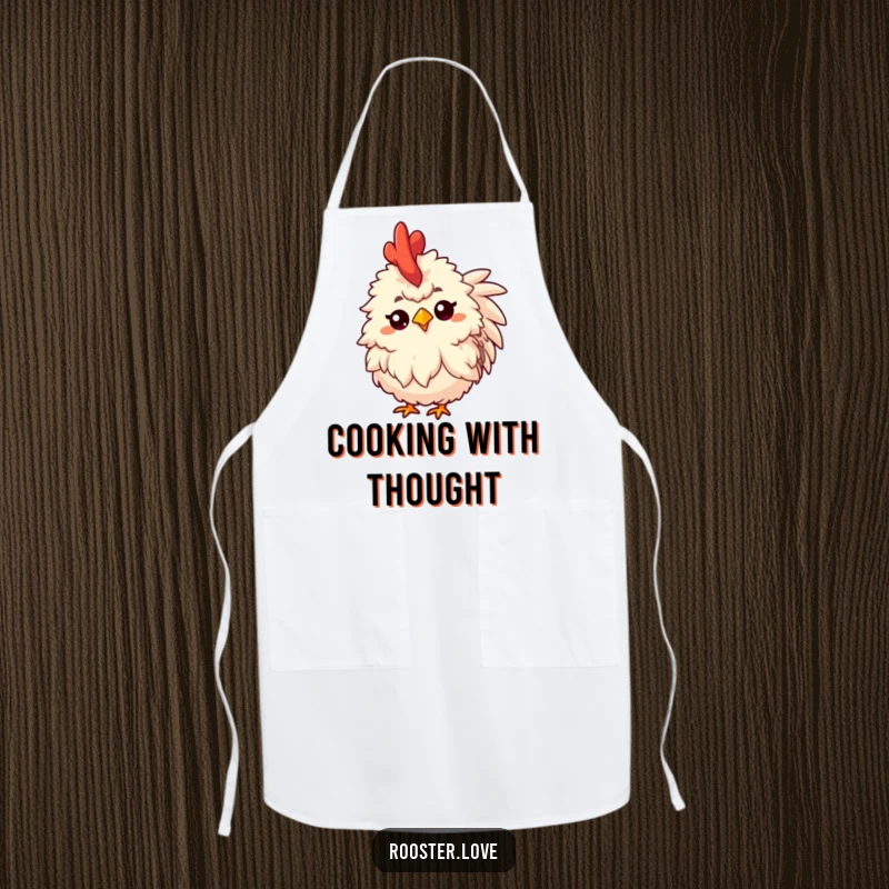Funny apron featuring a fluffy rooster tilting its head inquisitively with a raised eyebrow, ideal for kitchen use.