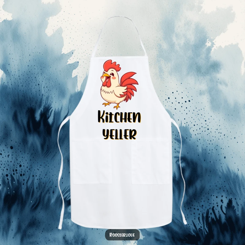 Funny rooster character letting out a joyful, wide-open beak squawk, on a kitchen apron, making cooking a loud and joyful affair.