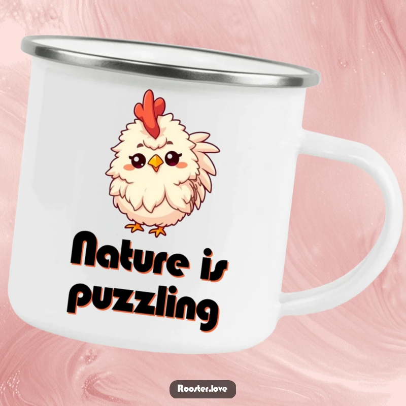 Funny camping mug featuring a fluffy rooster tilting its head inquisitively with a raised eyebrow, for outdoor use.