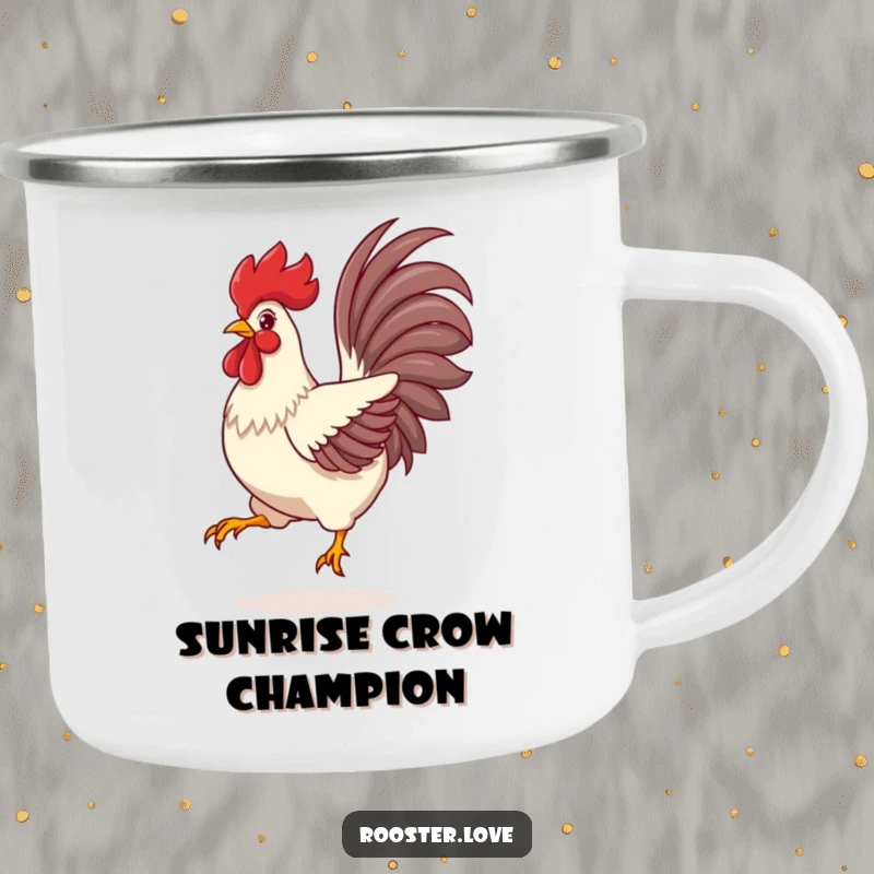 Funny Rooster Camping Mug, a rooster mid-leap with vibrant tail feathers spread wide, ready for outdoor escapades.