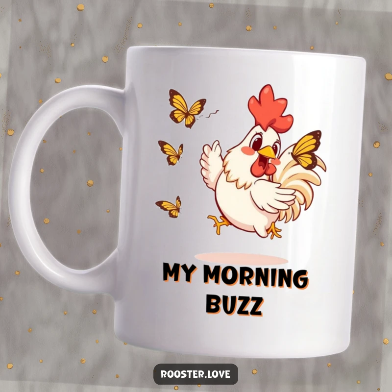 Funny Rooster Mug: Enthusiastic rooster comically chases a delicate butterfly, capturing a moment of pure, funny, avian excitement.