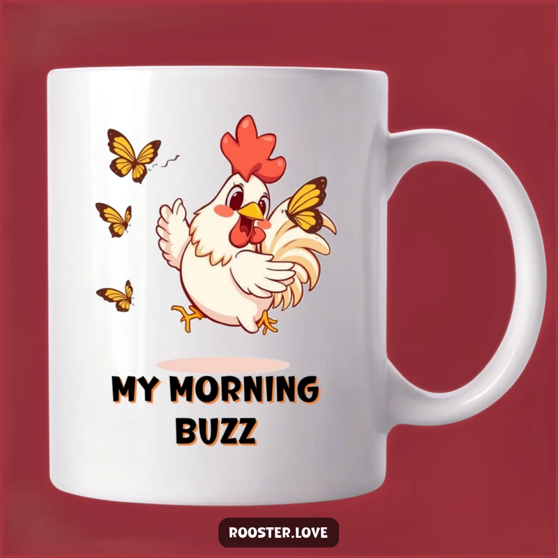Funny Rooster Butterfly Chase Mug: Hilarious Morning Delight Gift for Bird Lovers