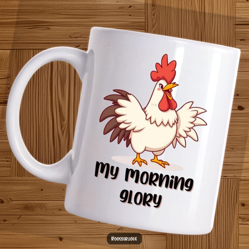 Funny rooster crowing with an exaggerated comedic grin, stretching its wings wide, captured on a mug.