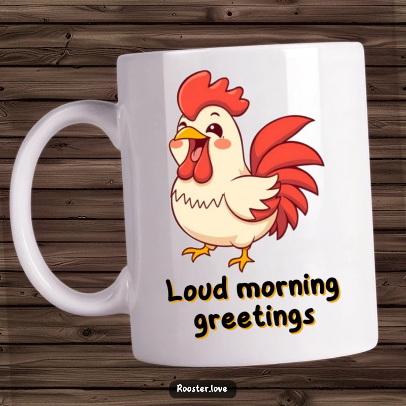 Funny rooster character letting out a joyful, wide-open beak squawk, symbolizing loud happiness and a great gift.
