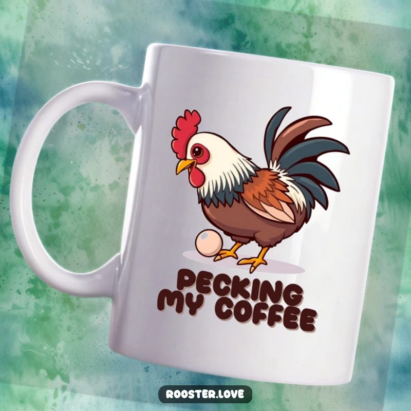 Funny rooster playfully pecking at a shiny, oversized button, captured on a mug.