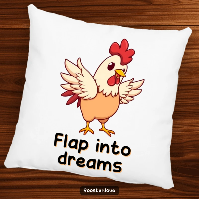 Funny rooster character flapping wings with a happy glint, designed on a soft pillow for cozy and cheerful decor.