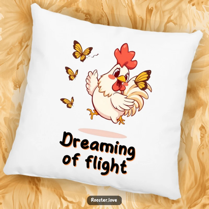 Funny Rooster Pillow: A comical rooster energetically chases a butterfly, offering a funny, plush accent for delightful home decor.