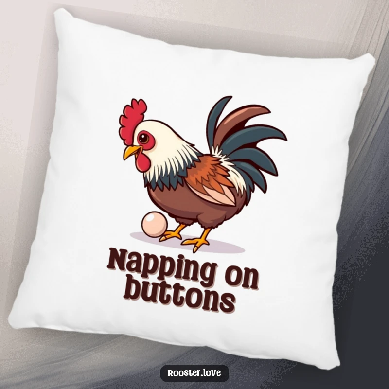 A soft, funny pillow featuring a rooster playfully pecking at a shiny, oversized button, perfect for decor.