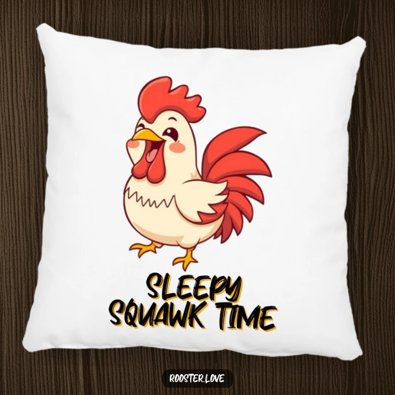 Funny rooster character letting out a joyful, wide-open beak squawk, designed on a soft pillow for cozy and cheerful decor.