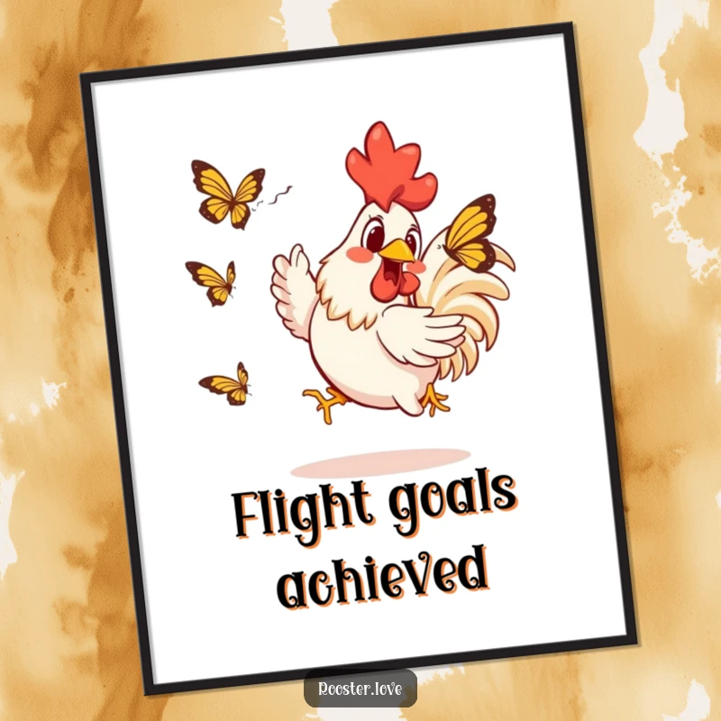 Funny Rooster Digital Art Print: A rooster comically chases a butterfly, a funny, vibrant scene for instant, cheerful home decoration.