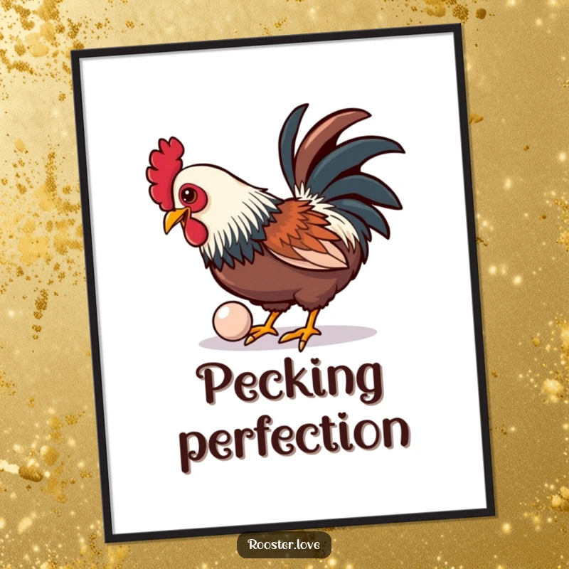 Funny digital art print of a rooster playfully pecking at a shiny, oversized button, ready to add whimsy.
