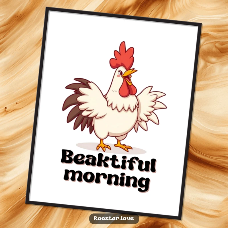 Funny digital art print of a rooster crowing with an exaggerated comedic grin and fully stretched wings, ready to brighten walls.