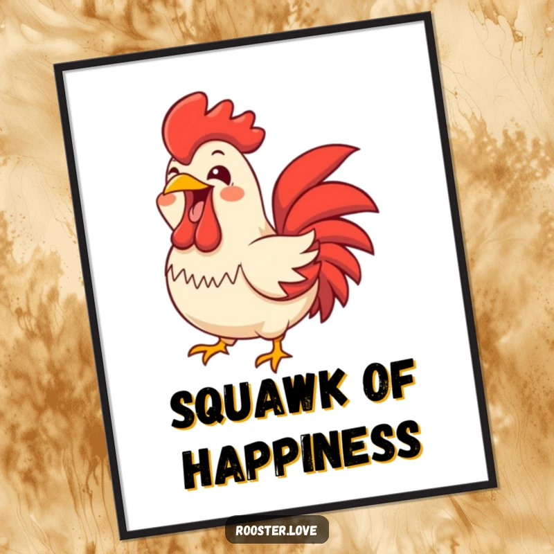 Funny rooster character letting out a joyful, wide-open beak squawk, presented as loud digital art for immediate cheerful decoration.