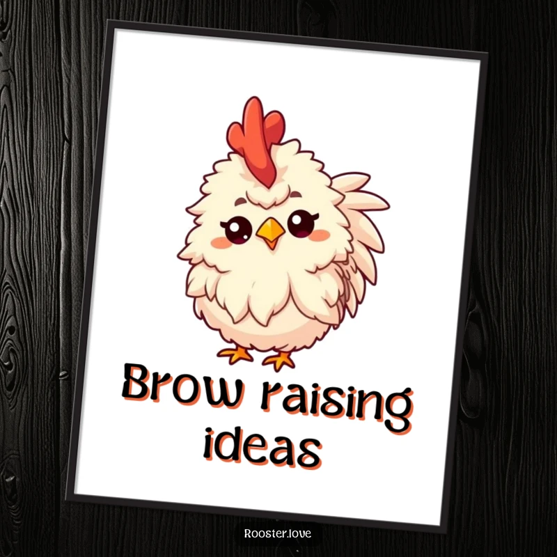 Funny digital art print of a fluffy rooster tilting its head inquisitively with a raised eyebrow, ready to inspire thought.