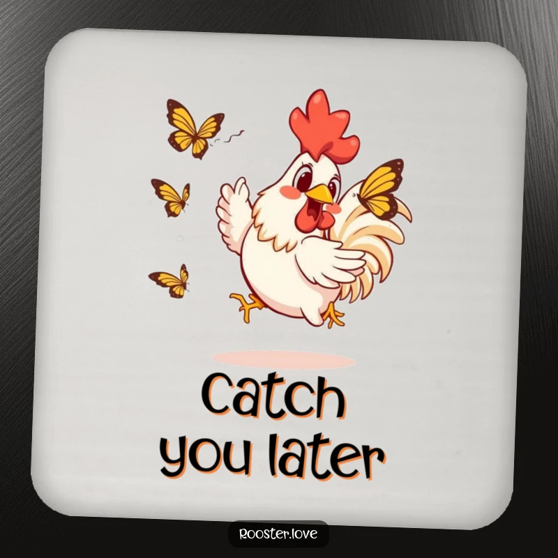 Funny Rooster Coasters: A rooster comically chases a butterfly, providing funny, functional protection for surfaces.