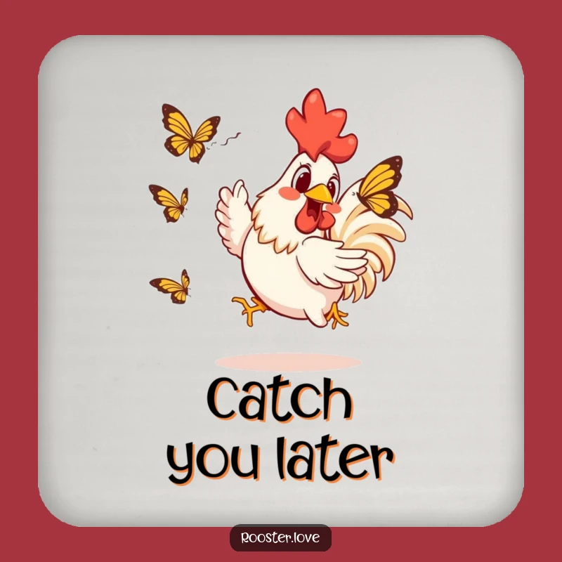 Funny Rooster Butterfly Chase Coaster Set: Protect Surfaces with Hilarious Farmyard Flair