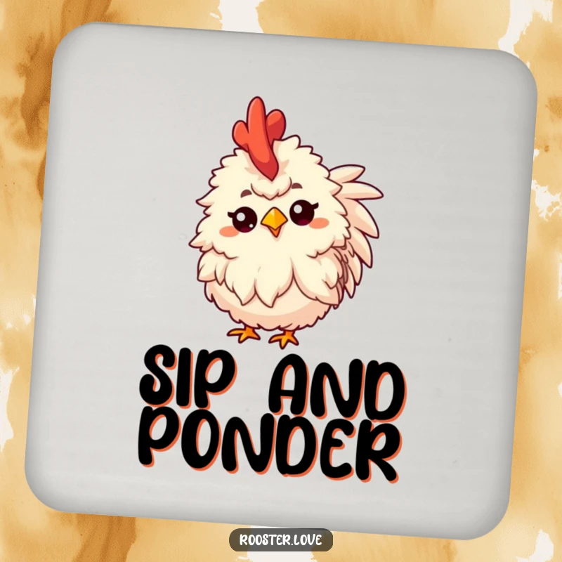 Set of funny coasters featuring a fluffy rooster tilting its head inquisitively with a raised eyebrow, designed for tables.