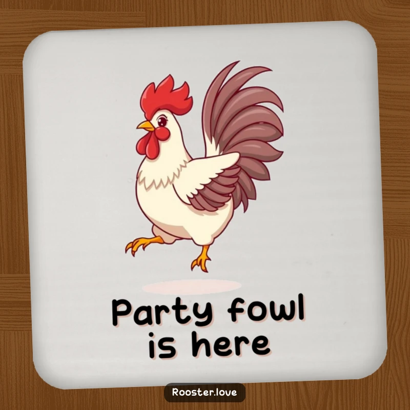 Funny Rooster Drink Coaster, a rooster mid-leap with vibrant tail feathers spread wide, adding a playful touch to any table.