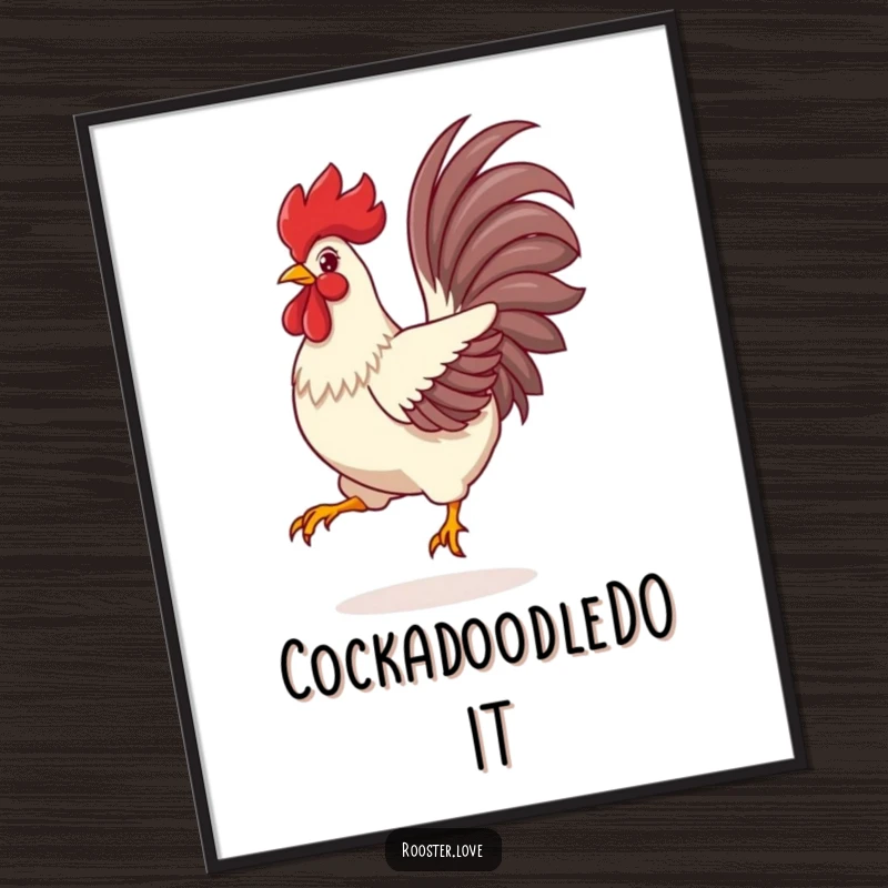 Funny Rooster Poster, a rooster mid-leap with vibrant tail feathers spread wide, captured in a moment of pure exuberance.