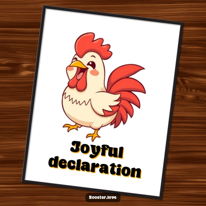 Funny rooster character letting out a joyful, wide-open beak squawk, presented as loud wall art for a cheerful atmosphere.