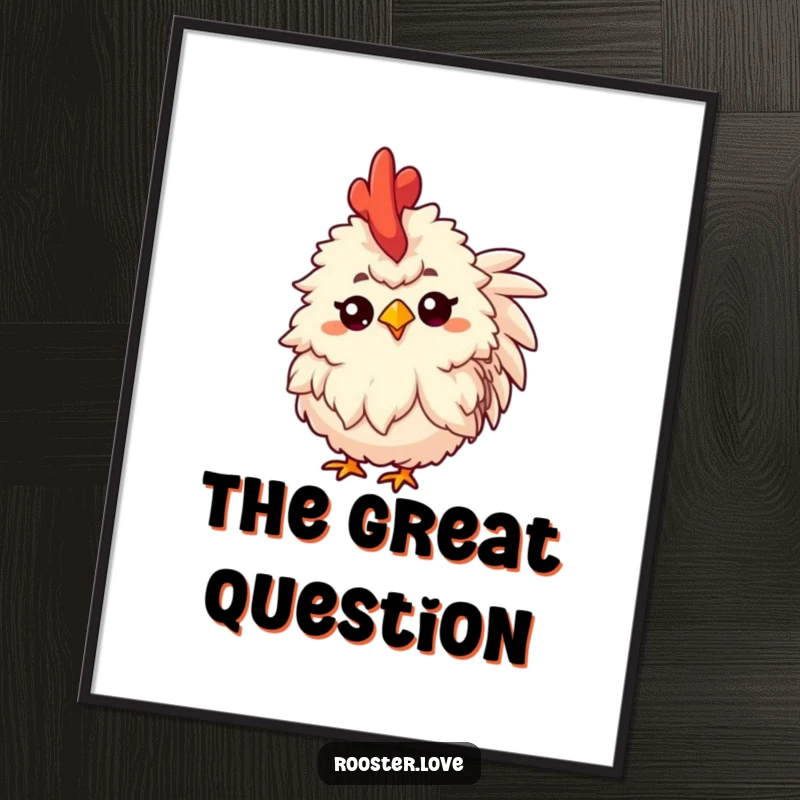 Funny poster of a fluffy rooster tilting its head inquisitively, with one eyebrow raised, suitable for wall art.
