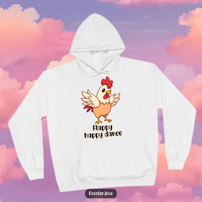 Funny rooster character flapping wings with a happy glint, depicted on a cozy hoodie for cheerful, warm wear.