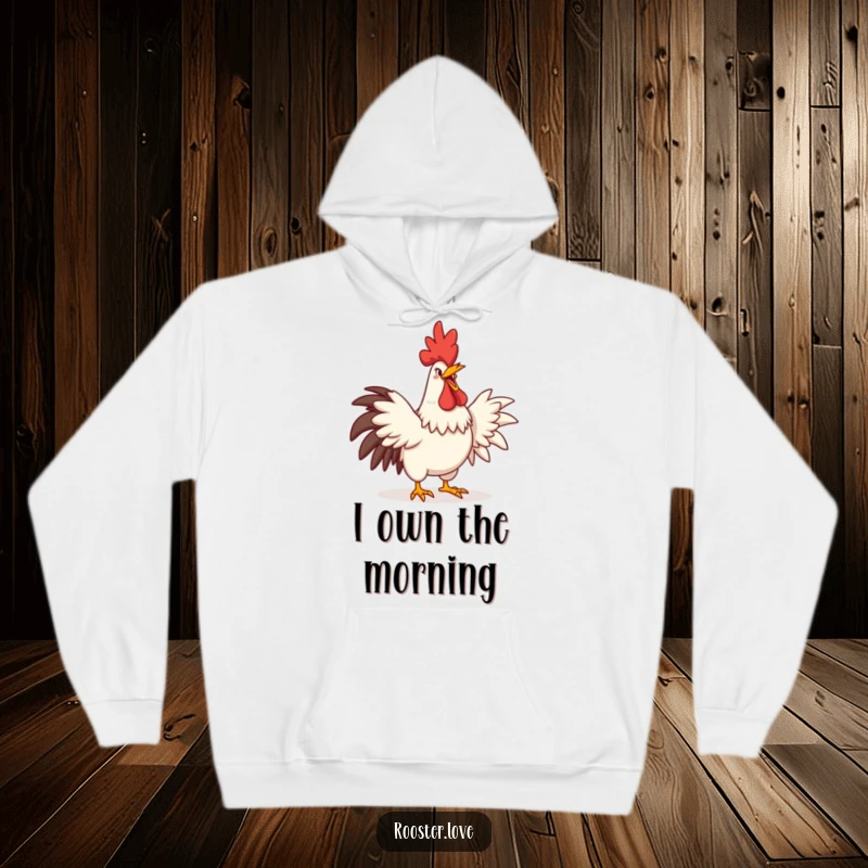 A comfortable, funny hoodie depicting a rooster crowing with an exaggerated grin and wide-stretched wings, ideal for cozy days.