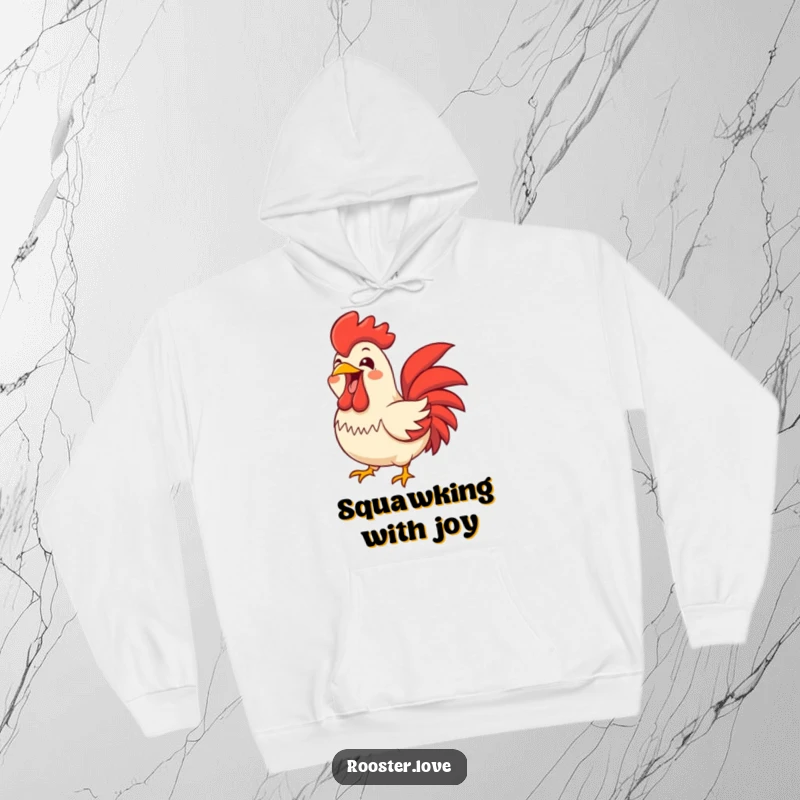 Funny rooster character letting out a joyful, wide-open beak squawk, featured on a cozy hoodie for expressive warmth.