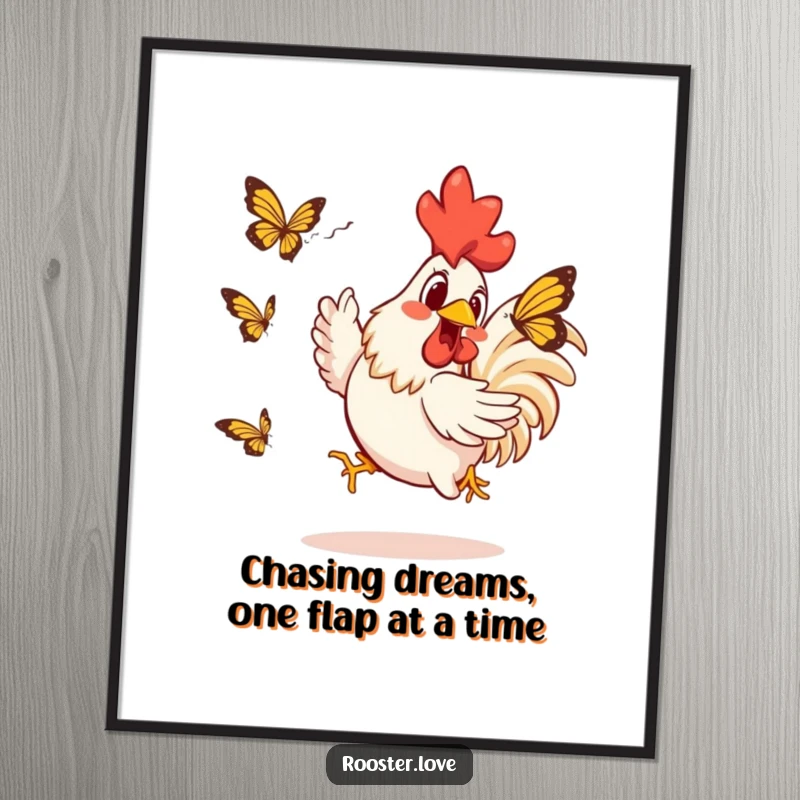 Funny free printable wall art of a rooster gleefully chasing a small butterfly with energetic, humorous movements.