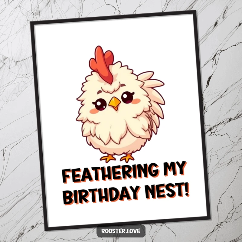Funny Free Printable wall art of a fluffy rooster tilting its head inquisitively with a raised eyebrow, inviting curiosity.
