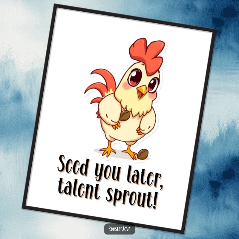 Funny Free Printable Wall Art: A cartoon rooster with exaggerated eyes intently pecking a single seed, humorous and captivating.