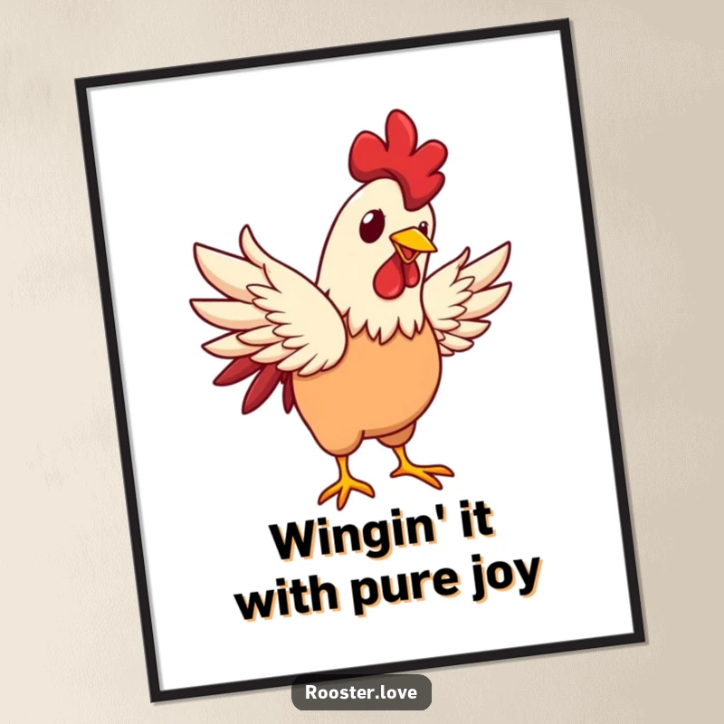 Funny Free Printable Wall Art: A rooster joyfully flapping its wings with a gleeful expression, adding humorous energy to decor.