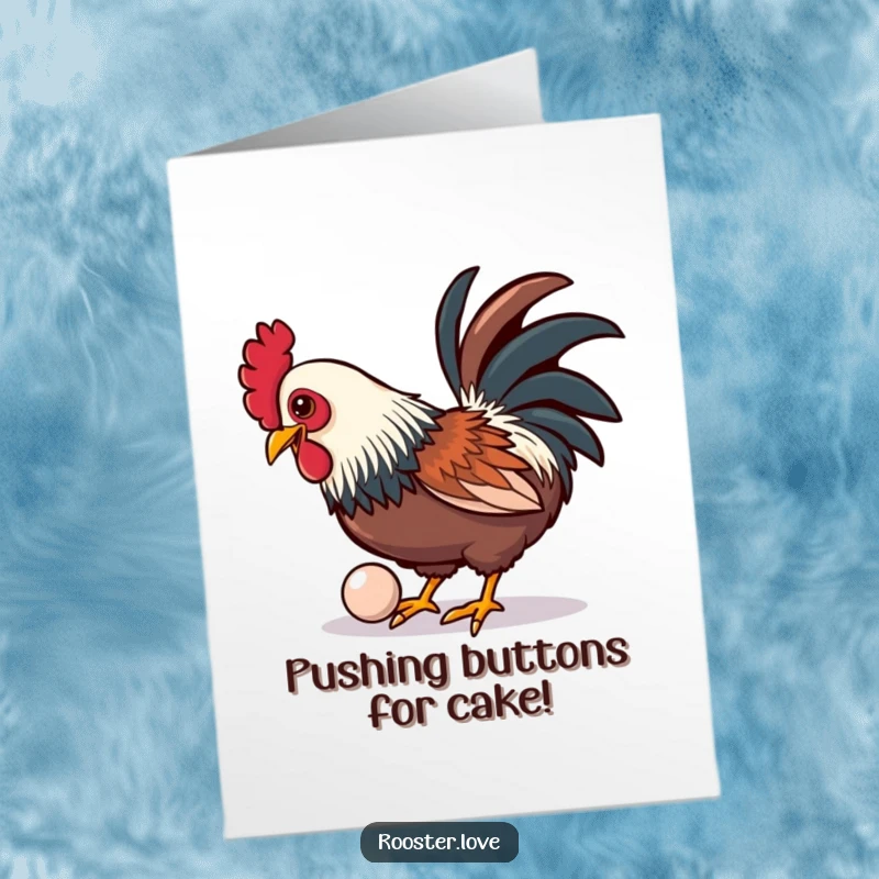 Funny Free Printable birthday card showing a rooster playfully pecking at a shiny, oversized button with great enthusiasm.
