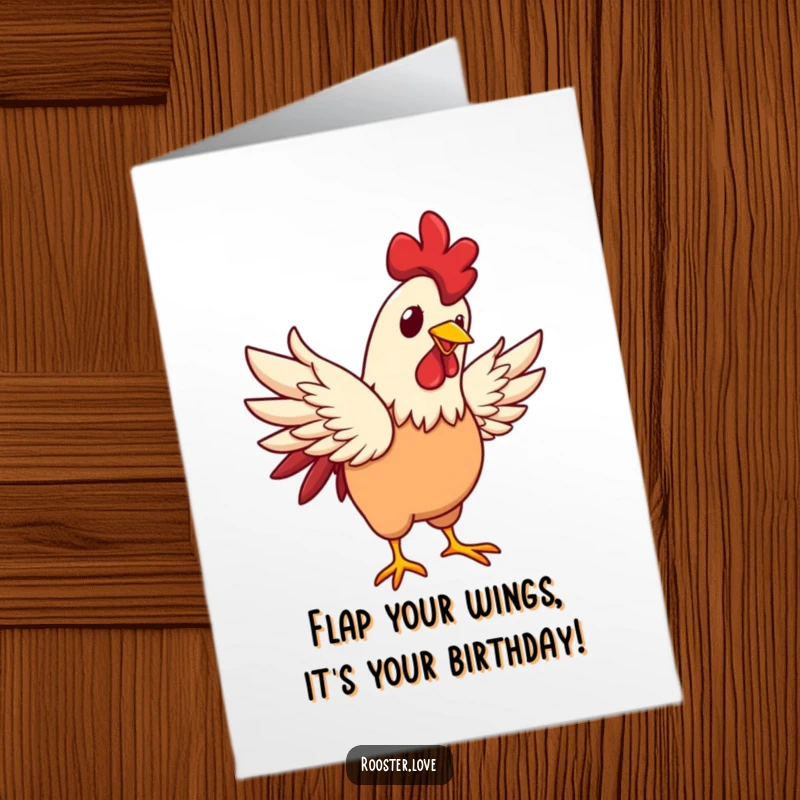Funny Free Printable Birthday Card: A rooster joyfully flapping its wings with a happy glint in its eye, perfect for birthdays.