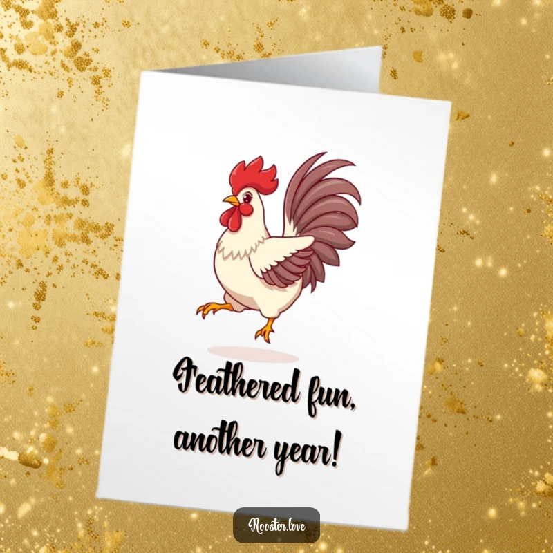 Funny free printable birthday card of a rooster with vibrant tail feathers spread wide, caught mid-leap with joy.