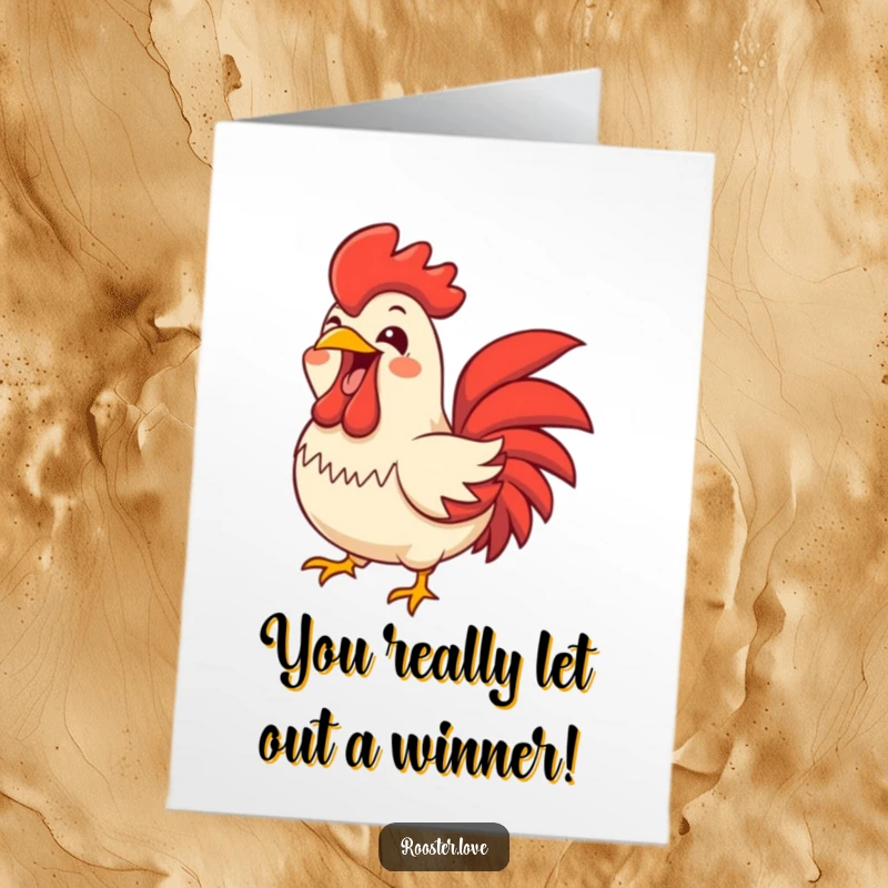 Funny Free Printable Congratulations Card: A rooster letting out a joyful squawk with its beak wide open, perfect for exciting news.