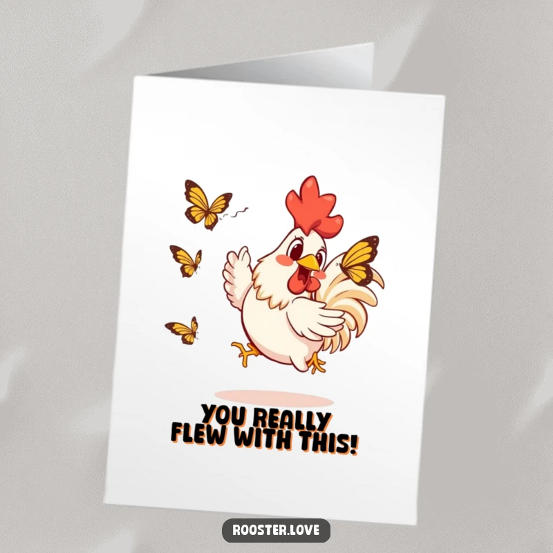 Amusing free printable congratulations card; a rooster excitedly pursues a butterfly, symbolizing lively success and joy.