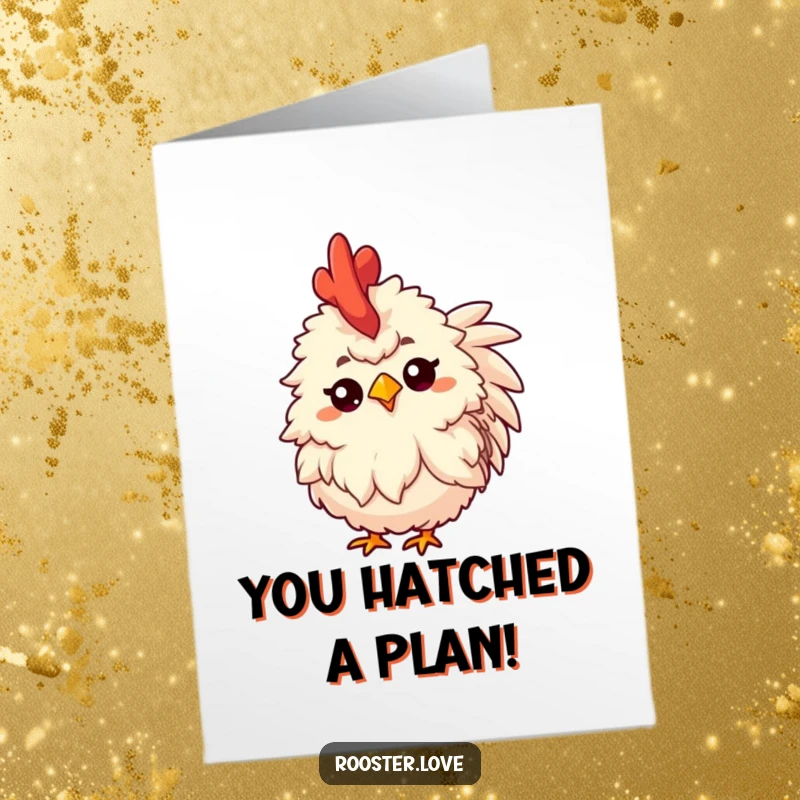 Funny Free Printable congratulations card of a fluffy rooster tilting its head inquisitively, one eyebrow raised in surprise.