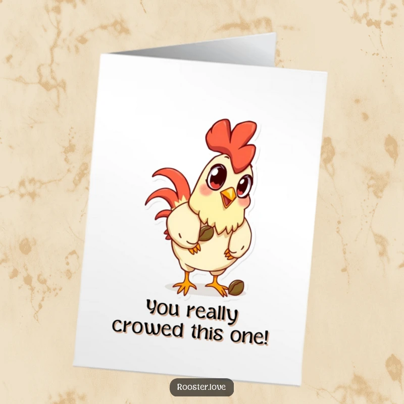 Funny Free Printable Congratulations Card: A cartoon rooster with bulging eyes focused on a small seed, ideal for a funny congrats.