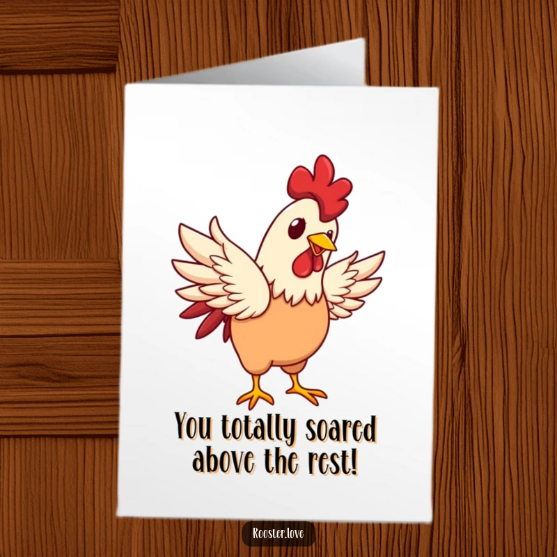 Funny Free Printable Congratulations Card: A rooster gleefully flapping its wings, a perfect image for celebrating success humorously.