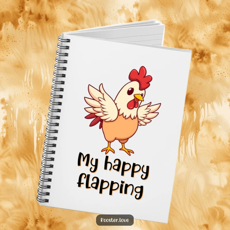 Funny rooster character flapping wings with a happy glint on the cover of a notebook, inspiring joyful thoughts.