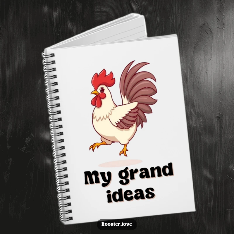 Funny Rooster Notebook, a rooster mid-leap with vibrant tail feathers spread wide, perfect for capturing bold ideas.