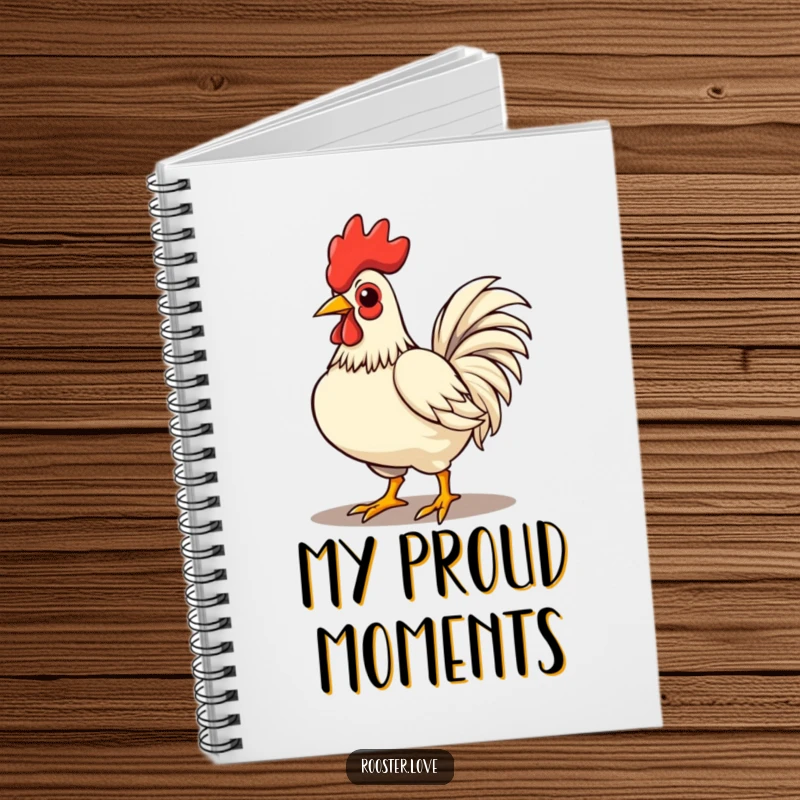 Funny rooster character strutting with chest puffed out on the cover of a notebook, inspiring confident ideas.
