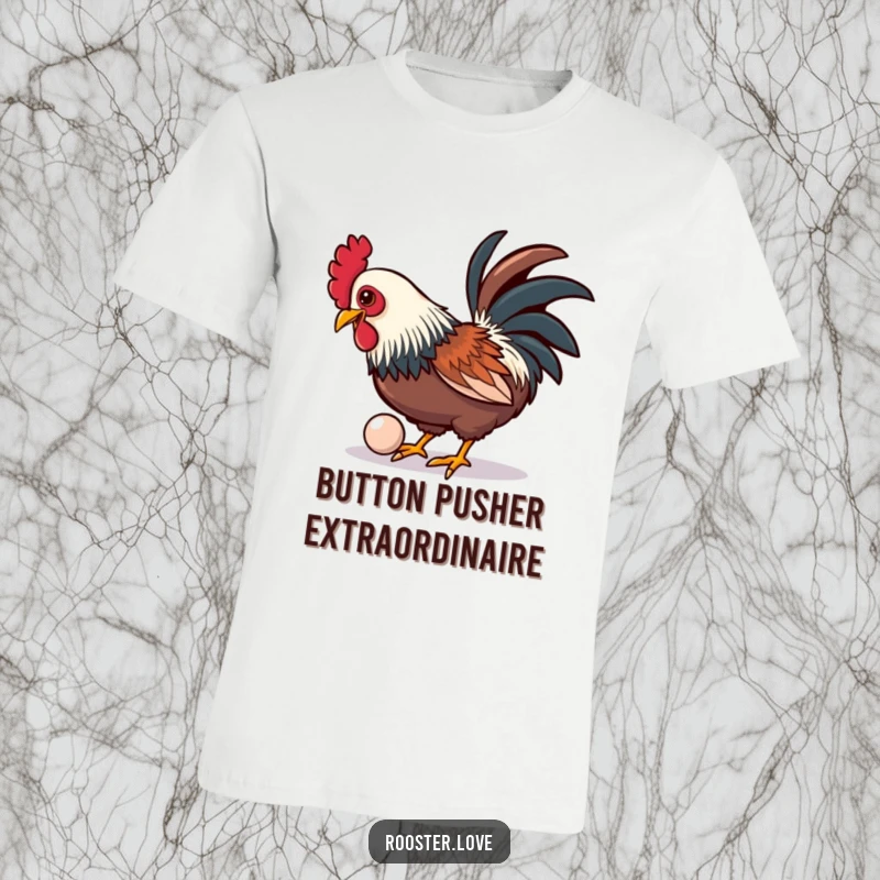 Funny t-shirt design of a rooster playfully pecking at a shiny, oversized button, embodying curious delight.