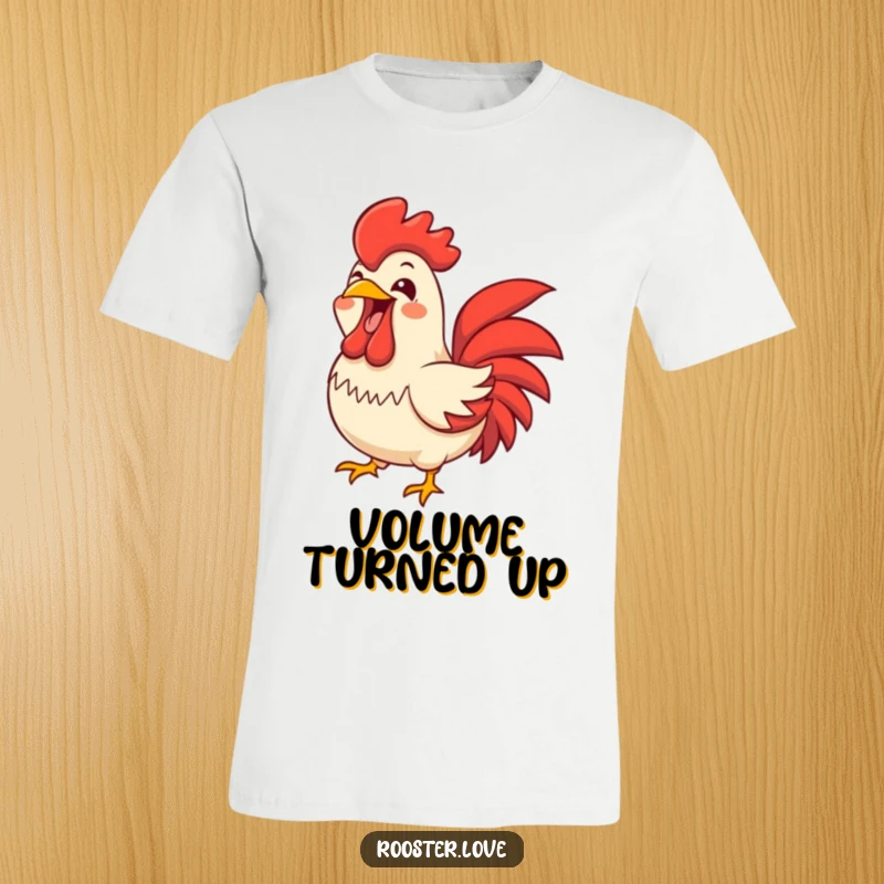 Funny rooster character with wide-open beak squawking joyfully, on a t-shirt celebrating loud expressions of happiness.