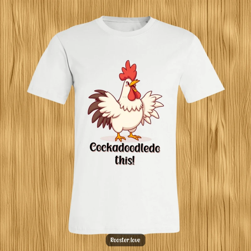 Funny t-shirt design of a rooster crowing with a huge comedic grin and fully stretched wings, embodying morning energy.