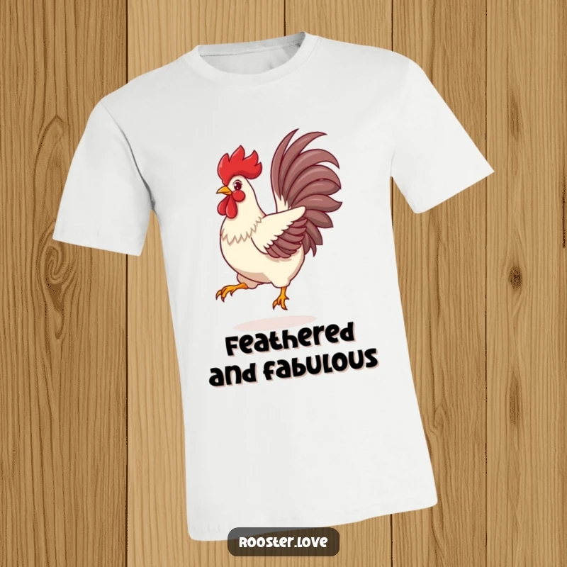 Funny Rooster T-Shirt, a proud rooster mid-leap with vibrant tail feathers spread wide, capturing a moment of energetic joy.
