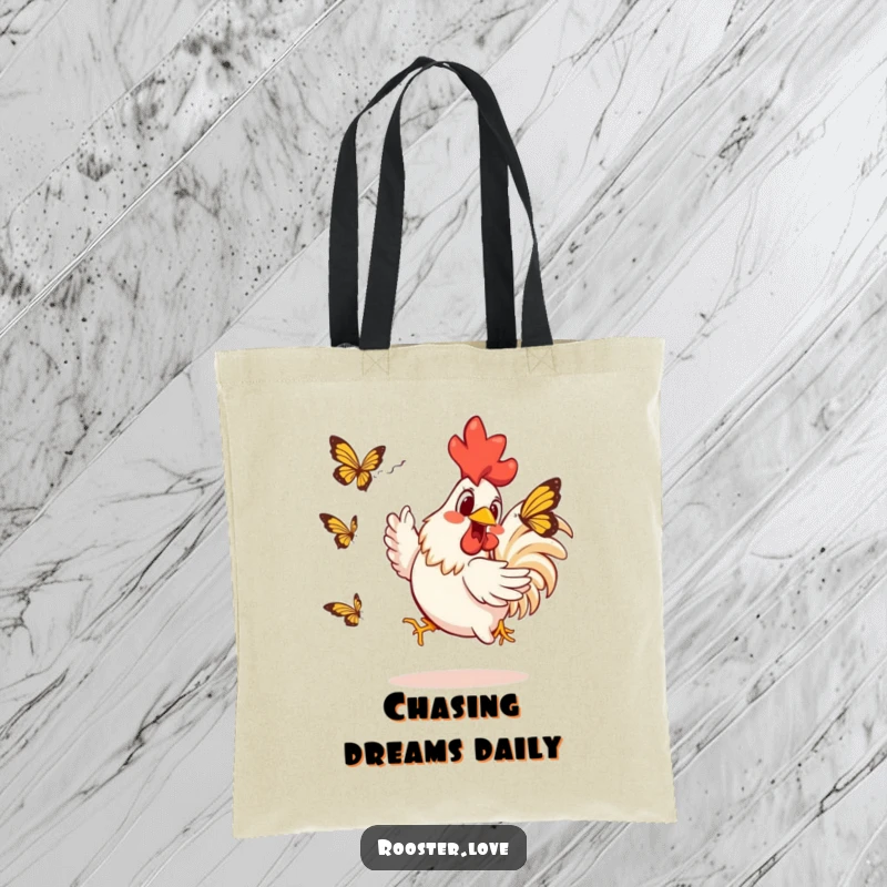 Funny Rooster Tote Bag: A funny rooster enthusiastically pursues a butterfly, showcasing a delightful, comical, and energetic scene on the go.